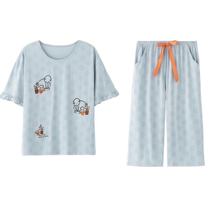 纯棉弹力针织印圆点五分袖女套装