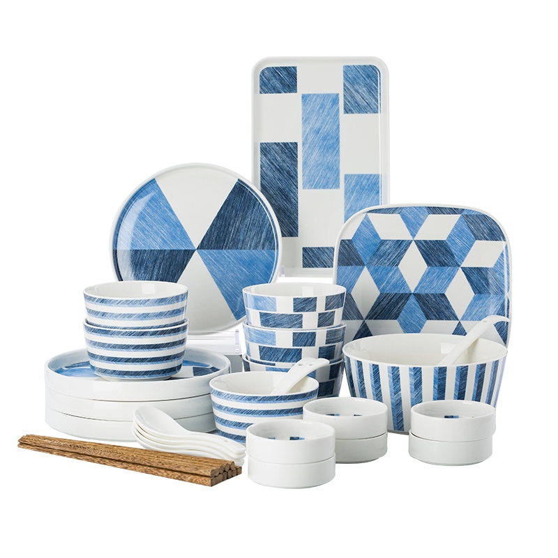 富昱景 碗盘套装 北欧牛仔蓝家用简约陶瓷餐具碗碟情侣创意碗 平盘牛排西餐盘