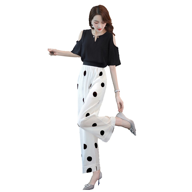 丝柏舍2020夏装露肩上衣搭垂感波点阔腿裤时尚套装S92T2170N
