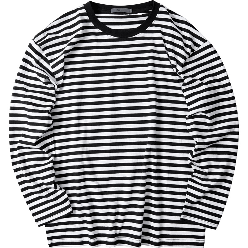 黑鲸黑白条纹长袖T恤男2019春季男装印花上衣男CNTAJ19006A