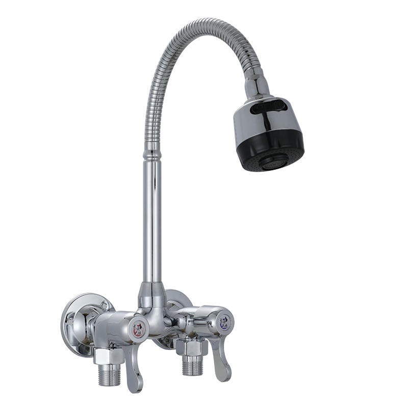 铜明装厨房水龙头冷热 旋转水槽龙头洗菜盆龙头双控双把双开关