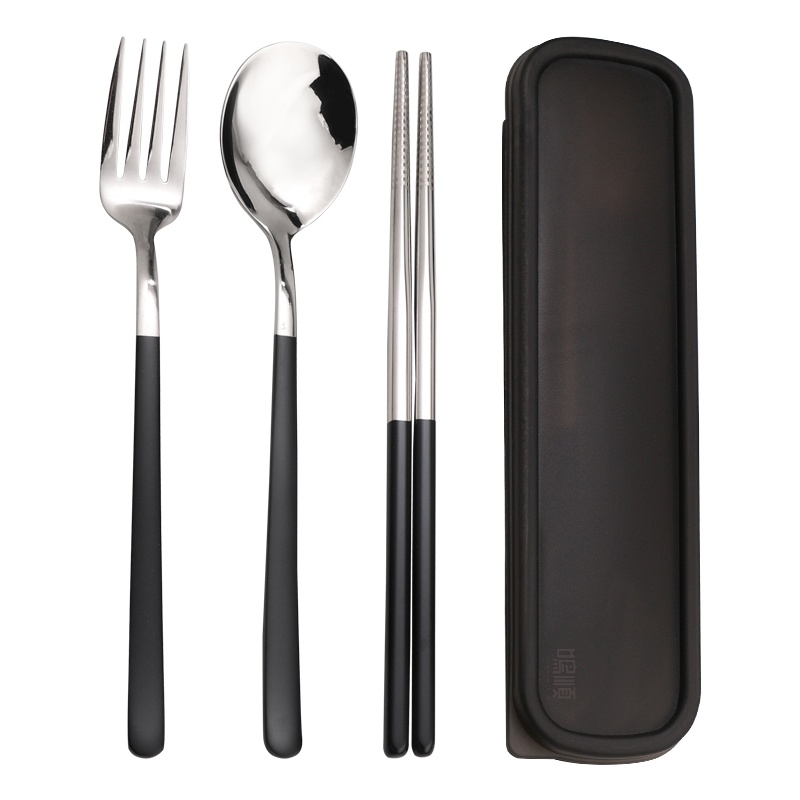 鸣順(Mingshun)304筷勺刀叉便携餐具套装家用成人韩式创意学生可爱不锈钢餐具三件套 黑色