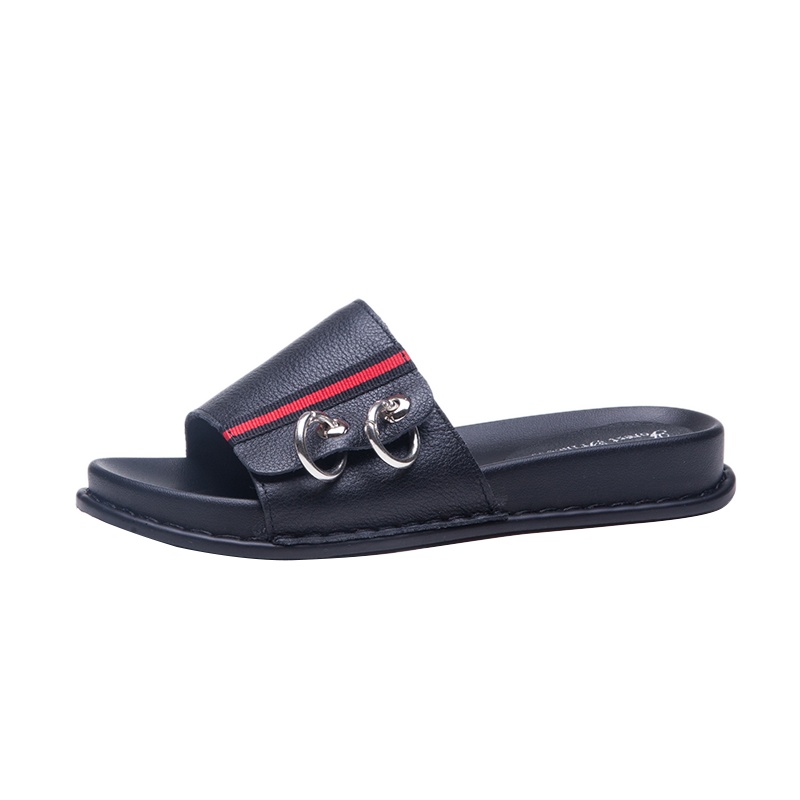 森林公主拖鞋女夏新款牛皮金属扣厚底凉拖外穿平底一字拖鞋女 金属圆扣 软底舒适