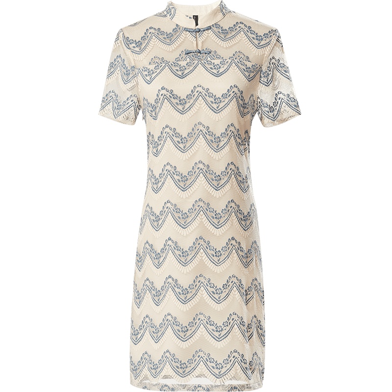 欧昵雪夏优雅新式年轻款改良版蚀骨旗袍蕾丝连衣裙女短袖