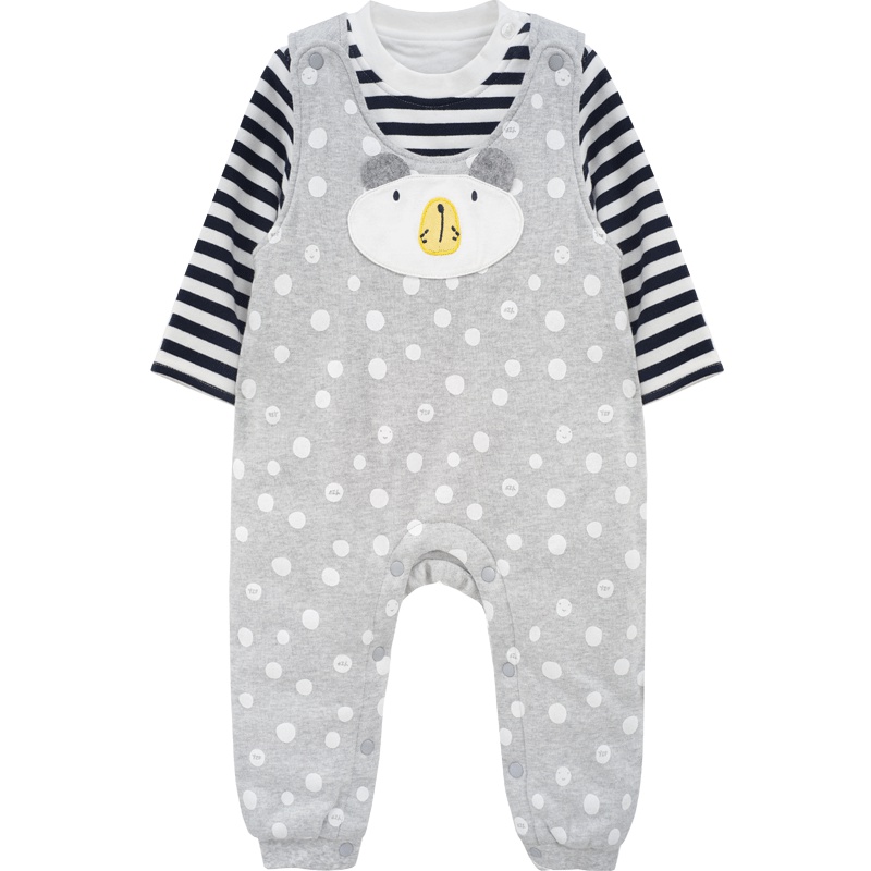 婴姿坊男女童春秋新款两件套坚条圆领T恤吊带圆点长裤保暖套装