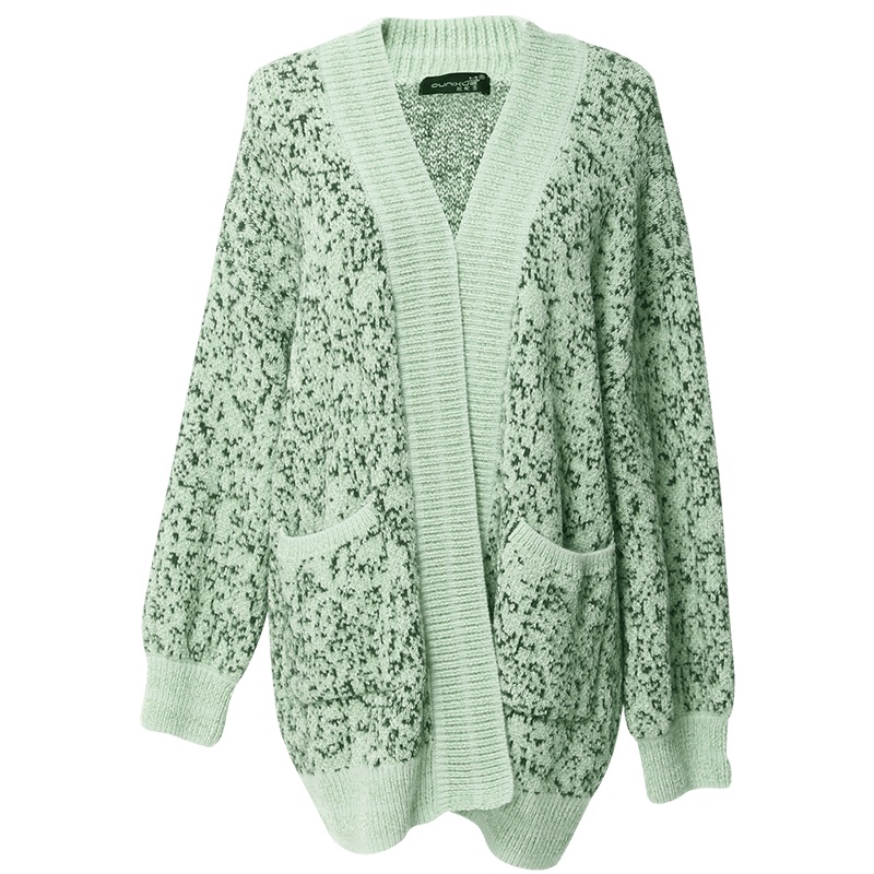 欧昵雪秋冬季花色双口袋无扣中长款毛衣开衫外套女长袖