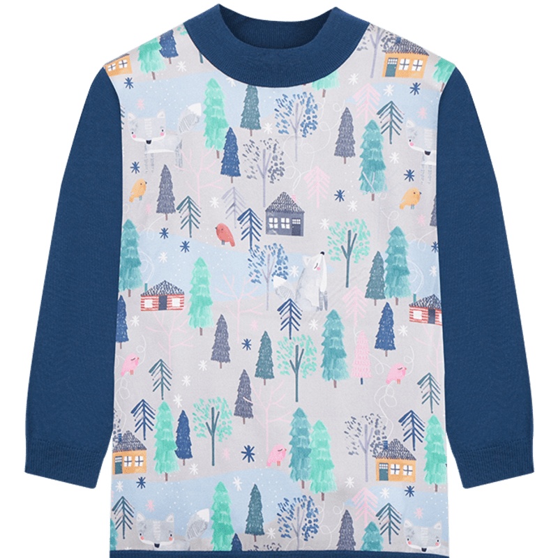 鄂尔多斯ERDOS 早秋半高领针梭拼接时尚印花女士羊毛衫七分袖针织衫女