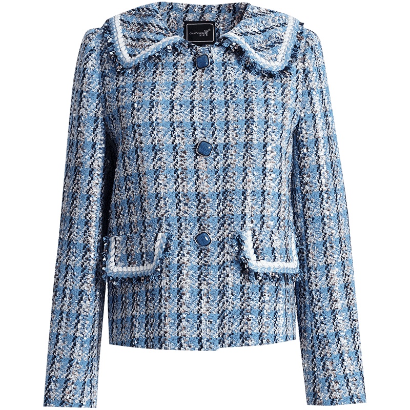 OUNIXUE欧昵雪 | [气质小香风短款上衣]秋冬季织带翻领粗花呢直筒修身外套女