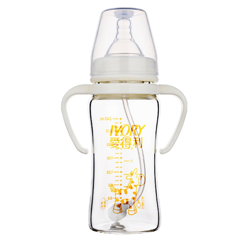 爱得利IVORY奶瓶 带柄晶钻玻璃奶瓶新生儿奶瓶宽口径吸管自动150/240mL