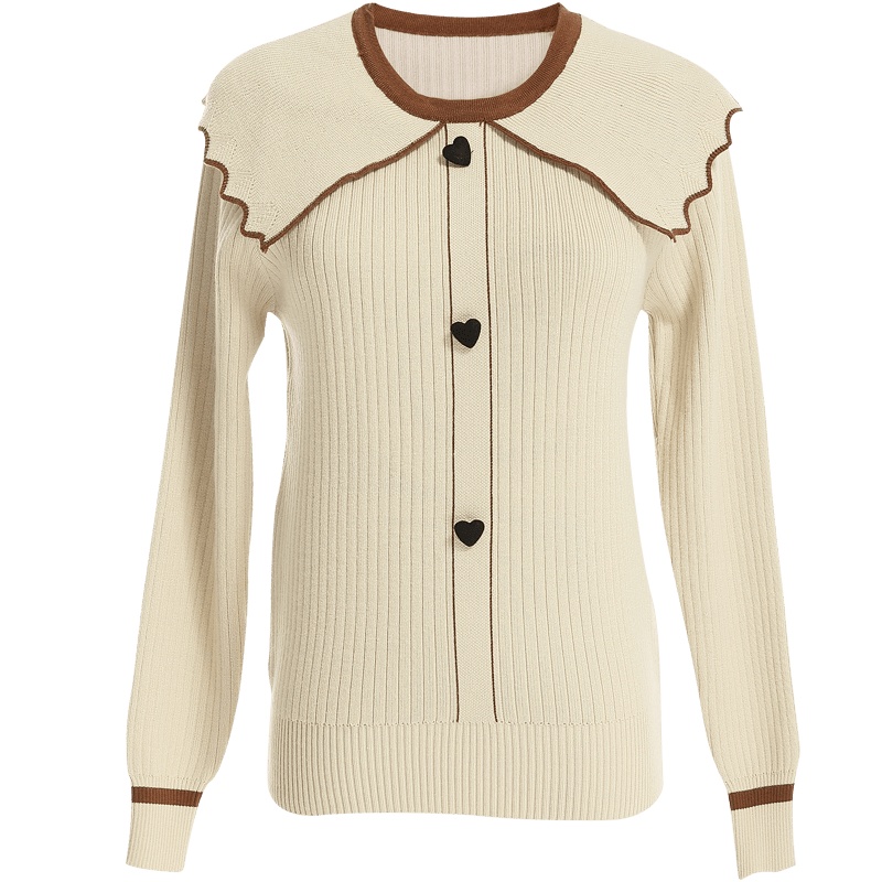 欧昵雪秋冬季圆领拼接荷叶边爱心扣针织衫女长袖套头毛衣