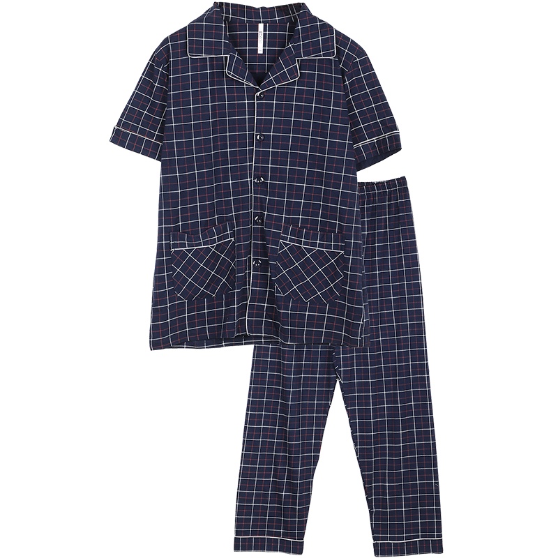 红豆居家Hodohome男士睡衣纯棉格纹全棉春秋两件套家居服