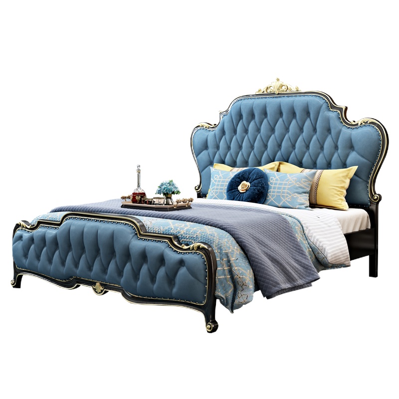 米括(MIKUO)欧式实木床公主婚床高箱储1.8米黑檀色双人真皮橡木雕花主卧室