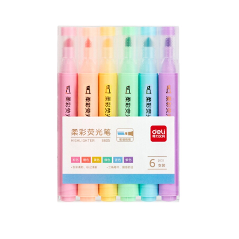 得力S605柔彩荧光笔套装 醒目标记笔 手帐可用水性记号笔6支/盒 6色