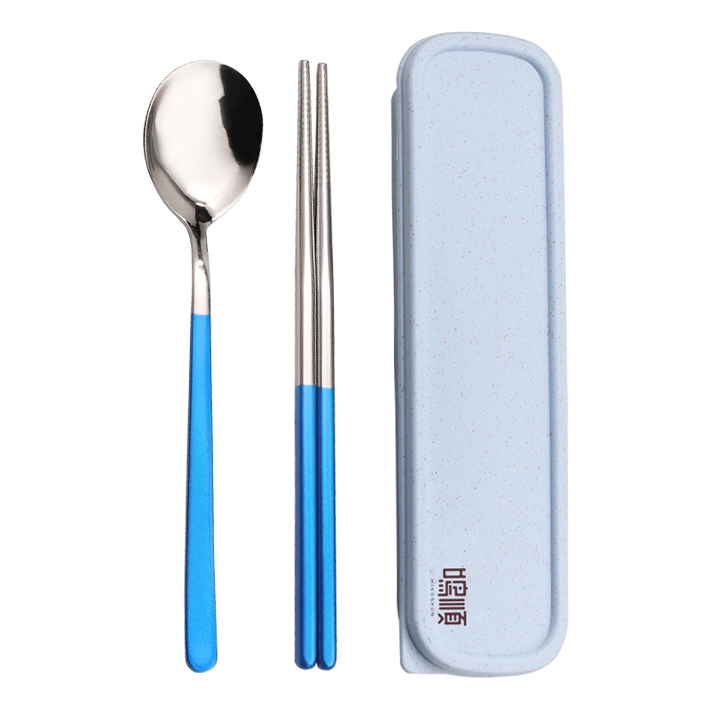 鸣順(Mingshun)304筷勺套装家用成人韩式筷子勺子便携餐具二件套学生可爱筷盒 蓝色