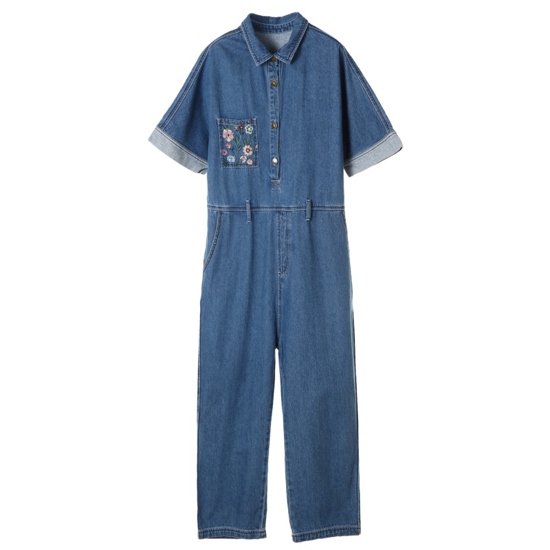 裂帛短袖牛仔连体裤新款夏装宽松刺绣显瘦阔腿工装直筒裤子