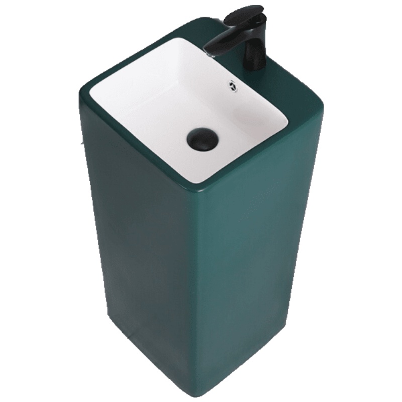 时尚家装哑光绿色 个性方形陶瓷立柱式洗脸盆一体落地式卫生间洗手池台盆 放心购安心抵