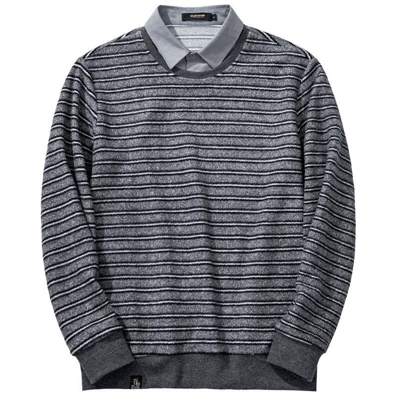 千纸鹤男士条纹假两件套头保暖卫衣男2019秋季商务休闲上衣15183