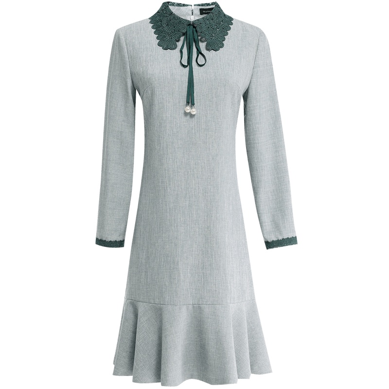 欧昵雪气质蕾丝翻领连衣裙女显瘦长袖鱼尾裙