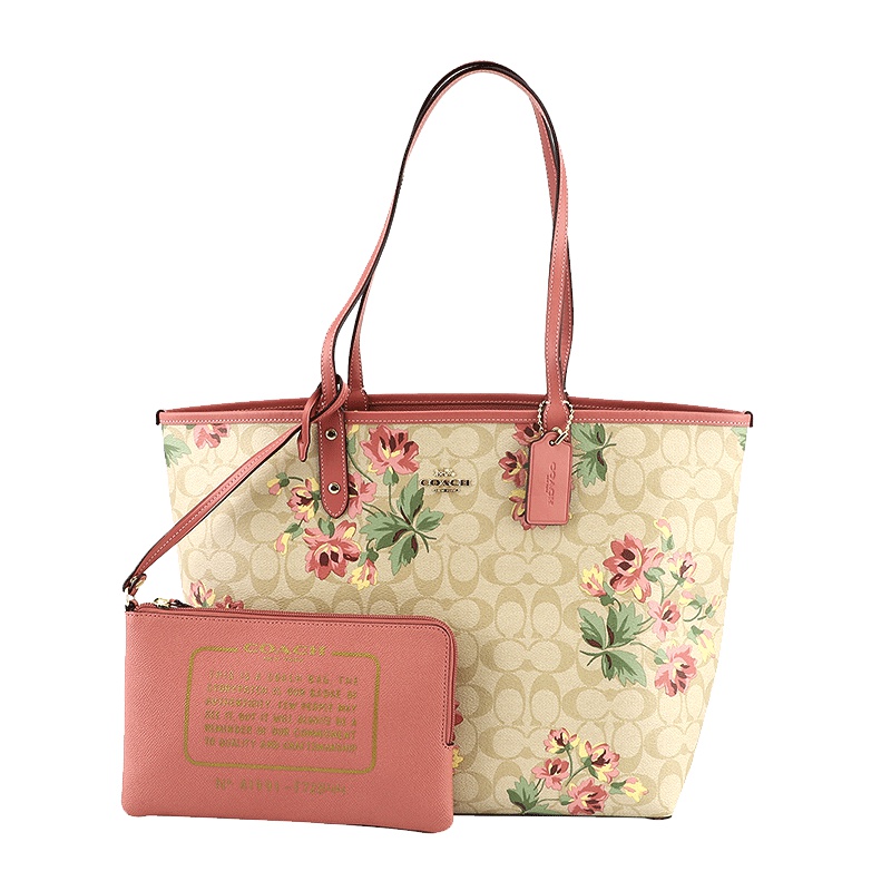 COACH 蔻驰 奢侈品 欧美时尚女士卡其印花人造革硬单肩双面托特包敞口手提包