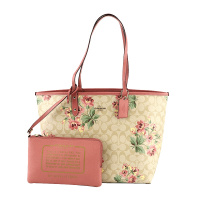 COACH 蔻驰 奢侈品 欧美时尚女士卡其印花人造革硬单肩双面托特包敞口手提包