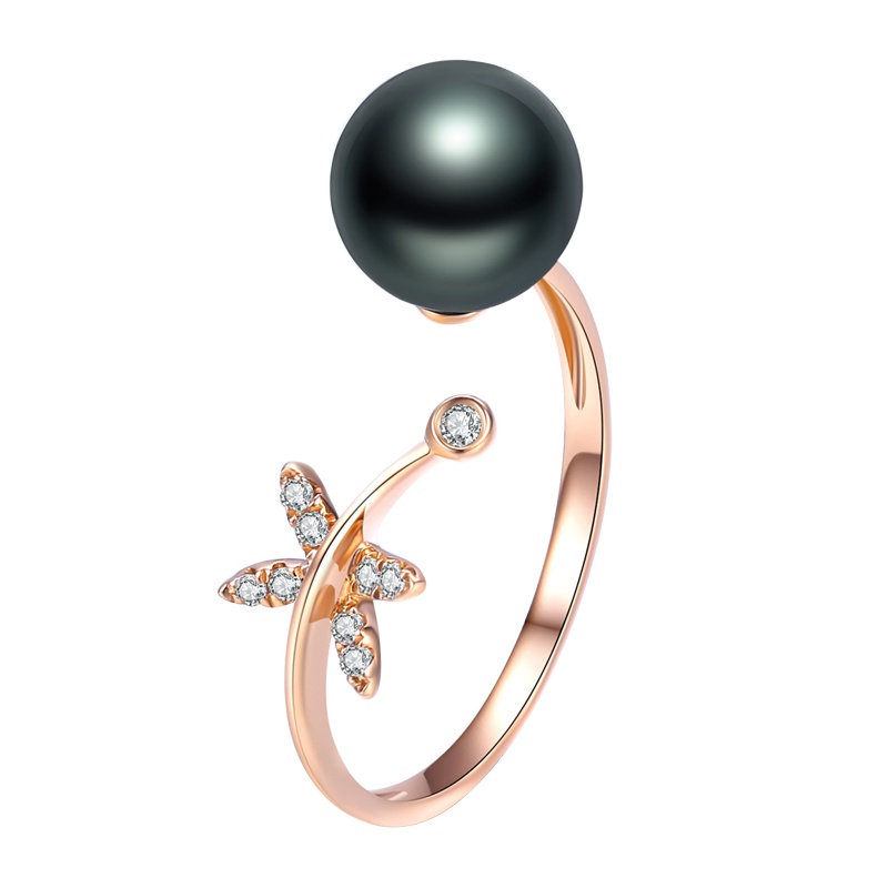 brir佰色传情正圆8-9mm高亮泽大溪地海水珍珠戒指18K金钻石正品