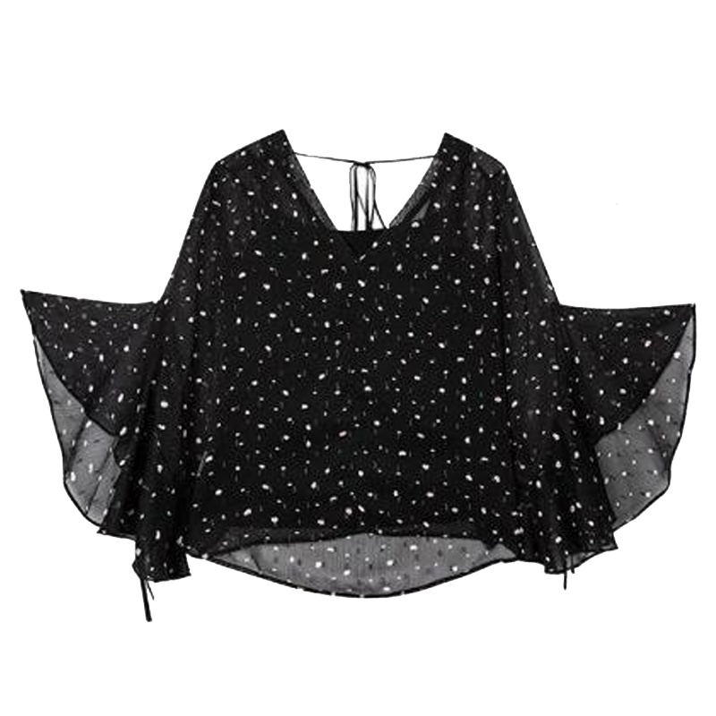 拉夏贝尔春季新款韩版百搭显瘦休闲喇叭袖圆领衬衫女印花雪纺衬衫10018101