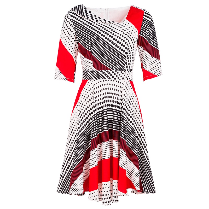 晚白 新品个性不规则斜V领印花收腰显瘦A字雪纺连衣裙女