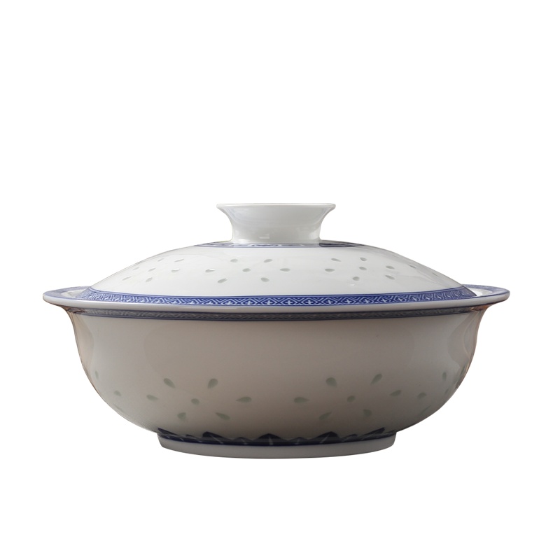 景德镇陶瓷大汤碗青花玲珑方胜纹龙纹品锅带盖碗中式釉中彩餐具优品 23.5x12(含盖)厘米