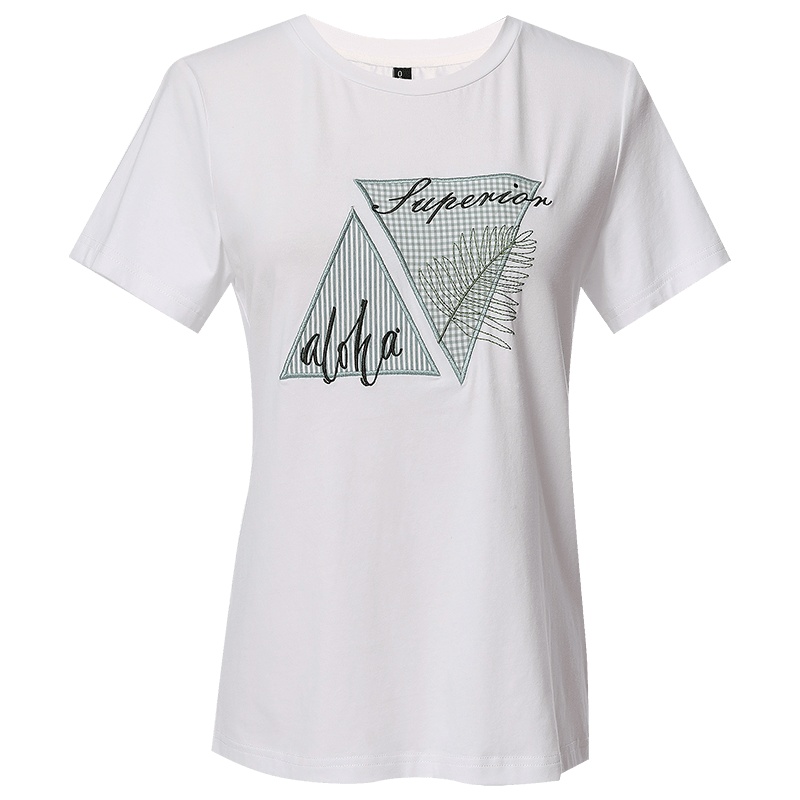 欧昵雪夏季几何图形字母贴布绣花圆领白色T恤女短袖上衣