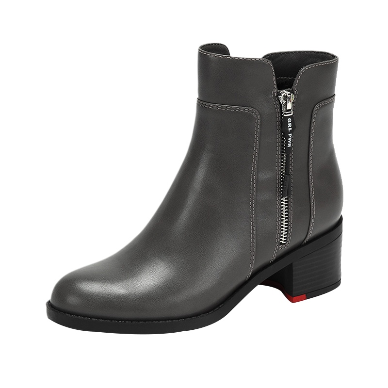 达芙妮冬新款复古中跟圆头网红加绒粗跟皮靴子短靴女