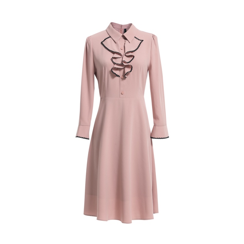 欧昵雪气质淑女荷叶边喇叭袖高腰修身连衣裙女九分袖