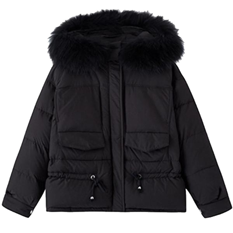 拉夏贝尔大毛领羽绒服女冬装新款韩版工装短款轻薄外套小个子2T000497