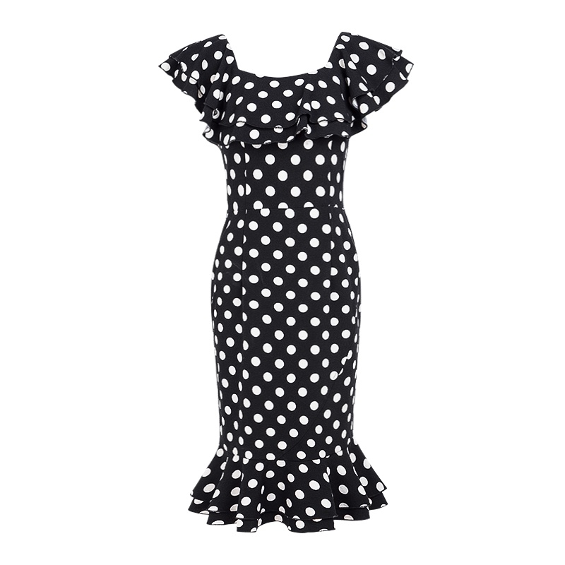 晩白 新品波点方领修身显瘦中长款鱼尾裙雪纺包臀连衣裙女