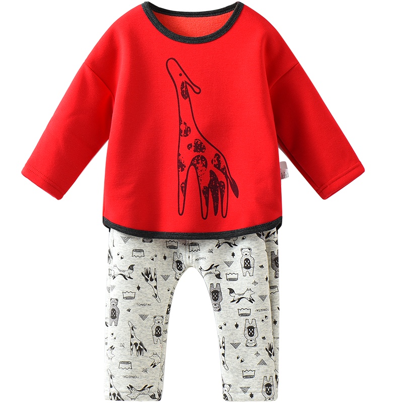 童泰秋冬儿童加绒套头套装1-4岁男女宝宝圆领保暖上衣裤子两件套