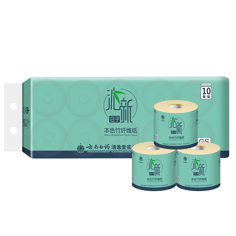云南白药沁新日子系列本色竹纤维有芯卷纸140g*10卷全竹浆本色纸家用卫生纸不漂白母婴适用