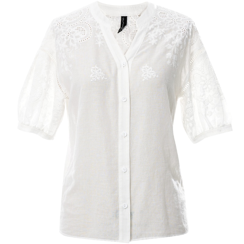 欧昵雪夏季设计感半开领纯棉绣花衬衫女短袖宽松显瘦上衣