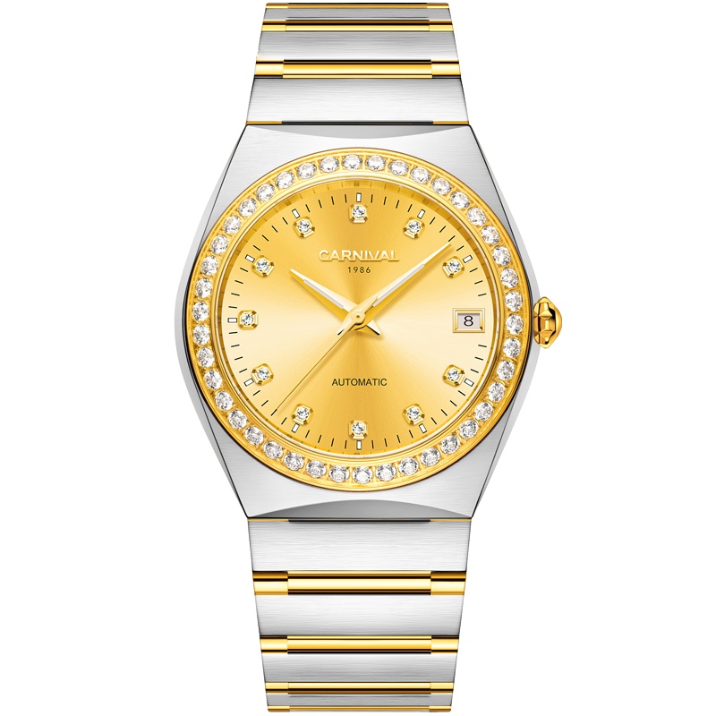 嘉年华Carnival时尚水钻手表 男士全自动机械表 男表进口Miyota机芯复古金色表商务腕表轻奢8581G