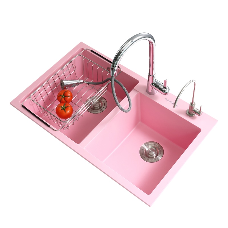 悍高厨房石英石水槽粉色大双槽洗菜盆洗碗池台上台下盆带龙头套餐