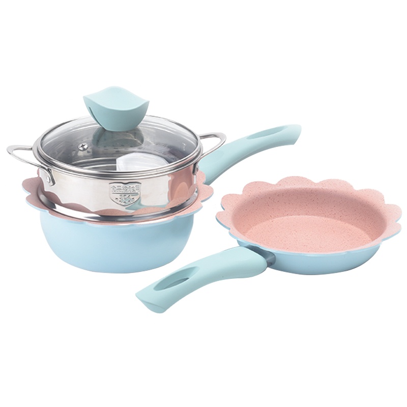 爱自由16cm宝宝辅食锅婴儿奶锅煎锅煎蛋锅家用麦饭石不粘锅粉色带蒸笼