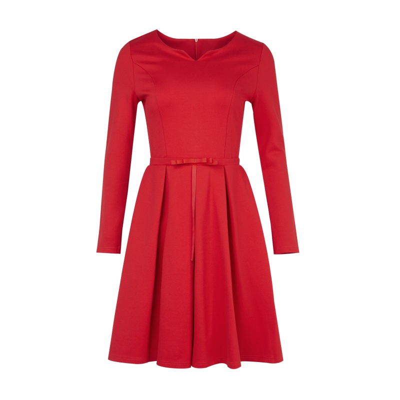 晚白秋冬女裙装2018新款纯色修身高腰蝴蝶结A摆V领长袖通勤连衣裙