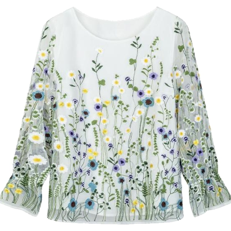 【热卖】拉夏贝尔九分袖气质上衣女2019秋季新款韩版百搭时尚刺绣蕾丝雪纺衫10015778