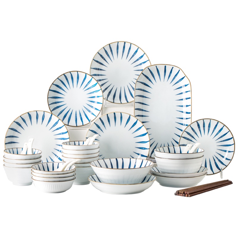 亿嘉IJARL 碗碟套装陶瓷泡面碗盘吃饭菜汤碗筷组合简约清新网红家用现代餐具套装兰草系列 兰草46件套