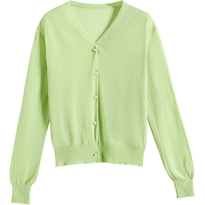 OSA欧莎牛油果绿针织衫2019新款夏外搭开衫女v领镂空上衣修身