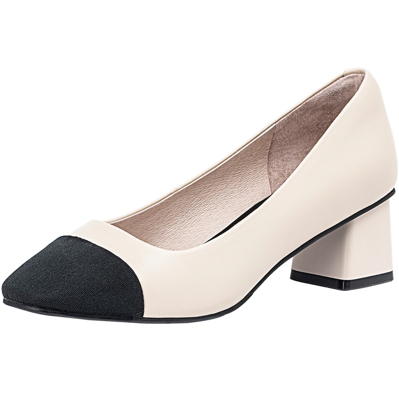 百田森新款小香风单鞋女粗跟拼色真皮女鞋名媛风法式小高跟鞋