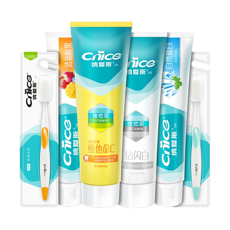 纳爱斯 专效护龈牙膏套组(自然盐白120g+清新鲜果120g+钻闪白120g+维他命C165g+赠牙刷*2)防蛀护龈靓白