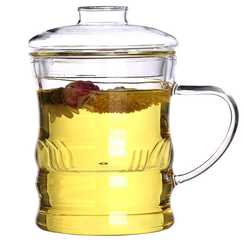 常生源 茶杯玻璃泡茶杯茶水分离杯高硼硅加厚耐热带过滤玻璃水杯带把手 大容量竹节玻璃杯
