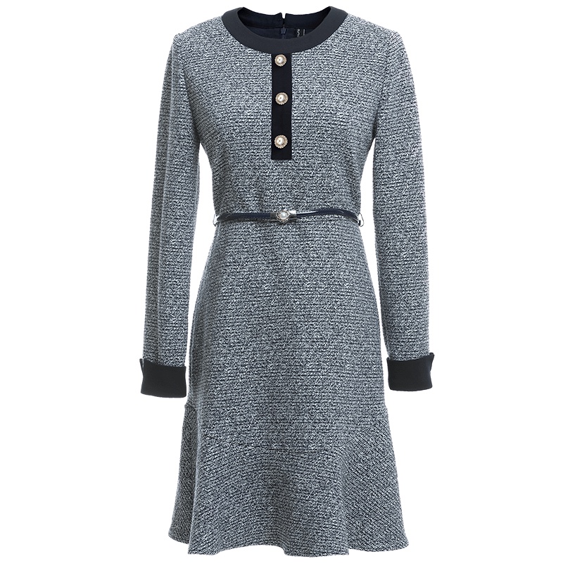 欧昵雪春秋装拼接圆领收腰系带高腰显瘦鱼尾连衣裙女长袖