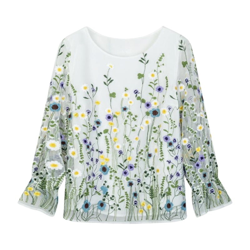 【专柜同款】拉夏贝尔九分袖气质上衣女2019秋季新款韩版百搭时尚刺绣蕾丝雪纺衫10015778