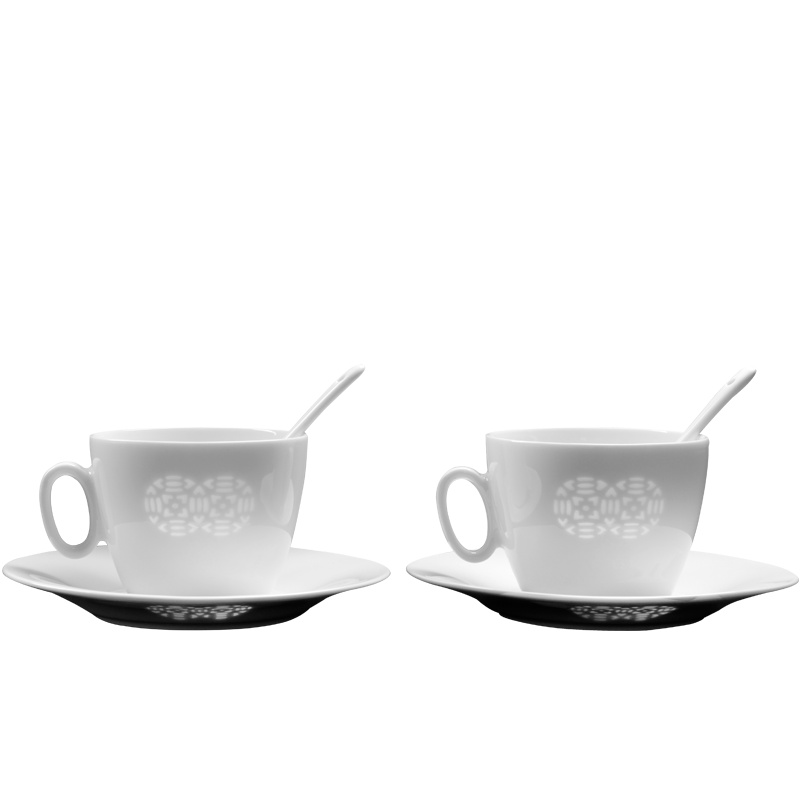 古镇陶瓷咖啡杯对杯套装带碟勺下午茶杯创意简约欧式陶瓷杯玲珑杯白玲珑双钱