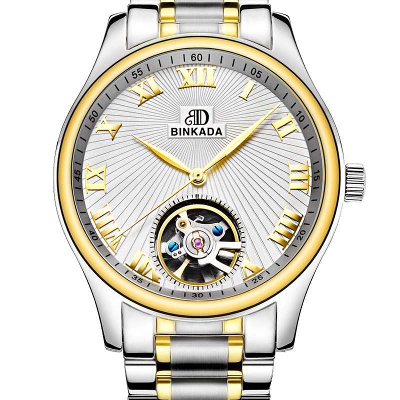 正品宾卡达BINKADA手表男士自动机械表 男休闲镂空飞轮时尚简约男式表防水钢带7001L间金钢